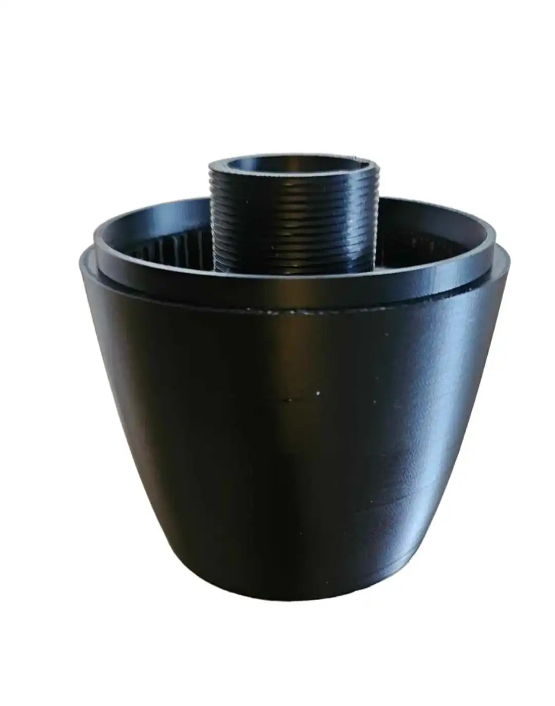 Black conical plastic adapter with threaded center opening.
